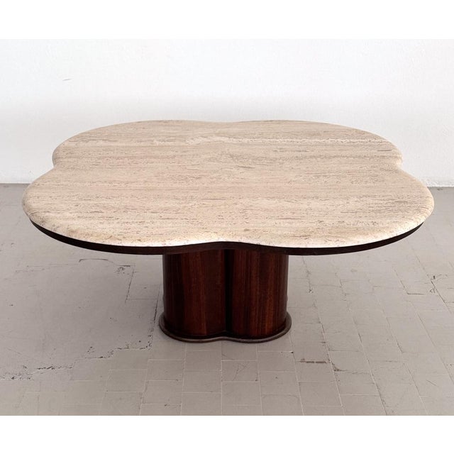 Large Mid-Century Modern Clover Coffee Table in Travertine and Dark Oak, 1970s For Sale - Image 12 of 18