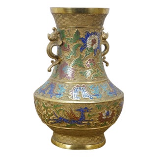 Antique Japanese Bronze Champleve Cloisonne Enamel Dragon Mantel Vase Urn 12" For Sale
