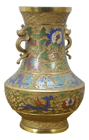 Antique Japanese Bronze Champleve Cloisonne Enamel Dragon Mantel Vase Urn 12"