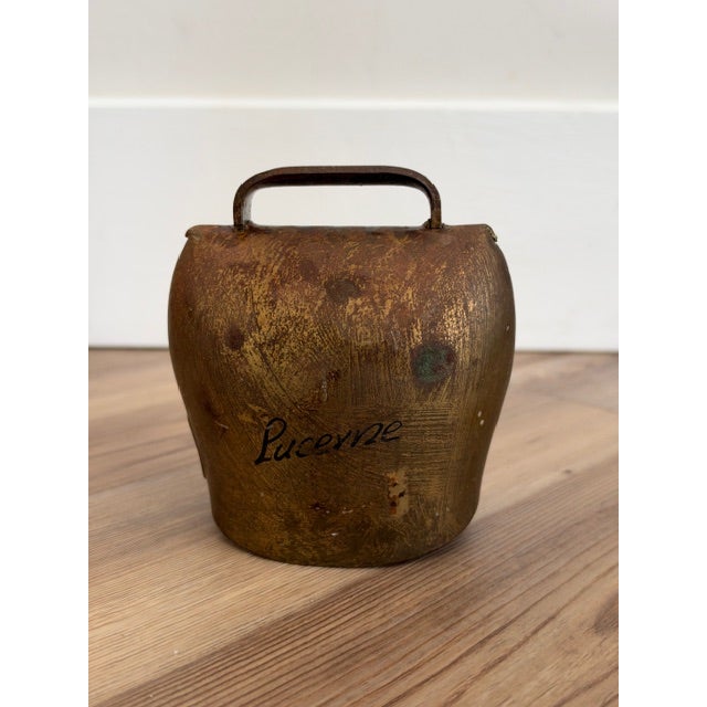 Brown Vintage Hand-Painted Brass or Metal Cowbell Souvenir For Sale - Image 8 of 10