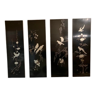 Set of 4 Vintage Mid-Century Asian Oriental Inlaid Black Lacquer Wall Art Plaque Panels For Sale
