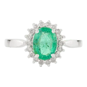 18k White Gold Oval Cut Emerald & Halo Diamonds Cocktail Ring Size 6