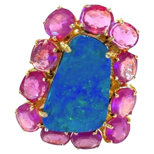 Bochic "Capri" Vintage Blue Opal & Ruby Ring Set In 18K Gold & Silver For Sale - Image 15 of 18