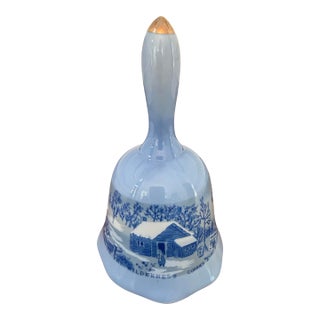 Vintage Currier & Ives “Home in the Wilderness” Blue & White Porcelain Bell With Gold Accents For Sale