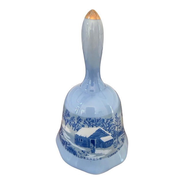 Vintage Currier & Ives “Home in the Wilderness” Blue & White Porcelain Bell With Gold Accents For Sale