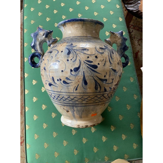 Mid 19th Century Large Italian Glazed Pottery Vase. With Seahorse Handles. Made in Tuscany for Fortunata For Sale - Image 9 of 9