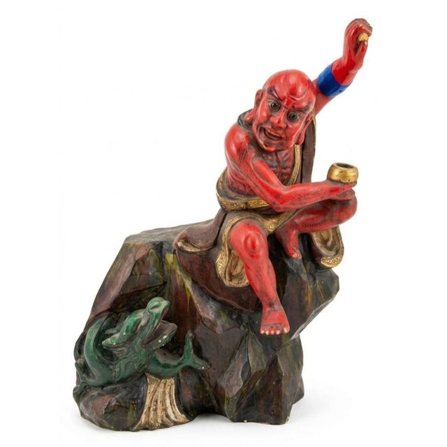 Wooden carving of polychrome Arhats (Luohans). Each with a maximum height of 16.5", 14", and 9".