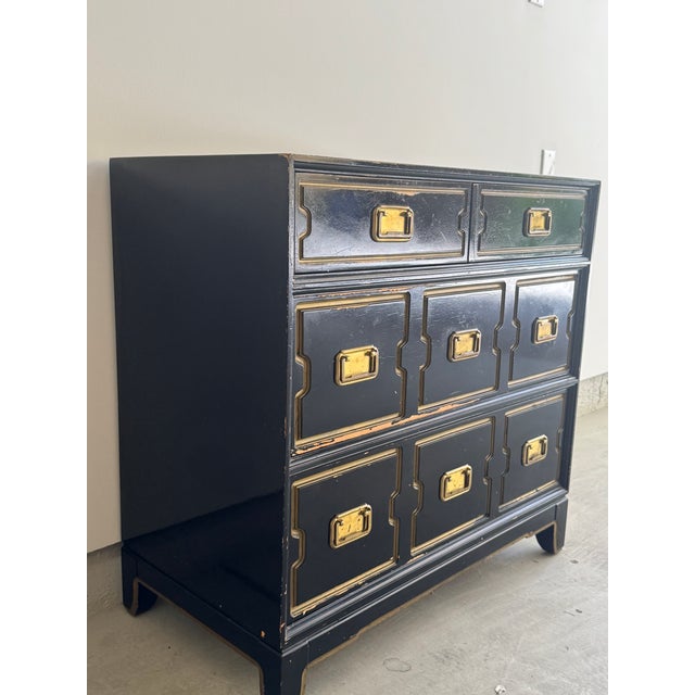 Campaign 1950s Vintage Black and Gold Dorothy Draper Style Chest of Drawers For Sale - Image 3 of 8