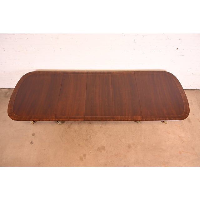 English Baker Furniture Style Georgian Mahogany Double Pedestal Extension Dining Table, Newly Refinished For Sale - Image 3 of 14
