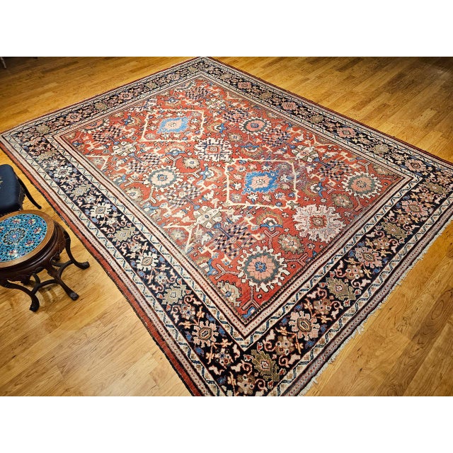 Red Antique Persian Mahal Sultanabad Rug, Hand-Knotted Wool, Geometric Pattern, 9x12, Red & Navy For Sale - Image 8 of 18