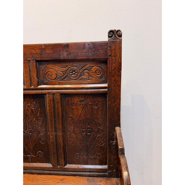 Antique Carved Oak Monks Bench with Storage Chest For Sale - Image 3 of 8