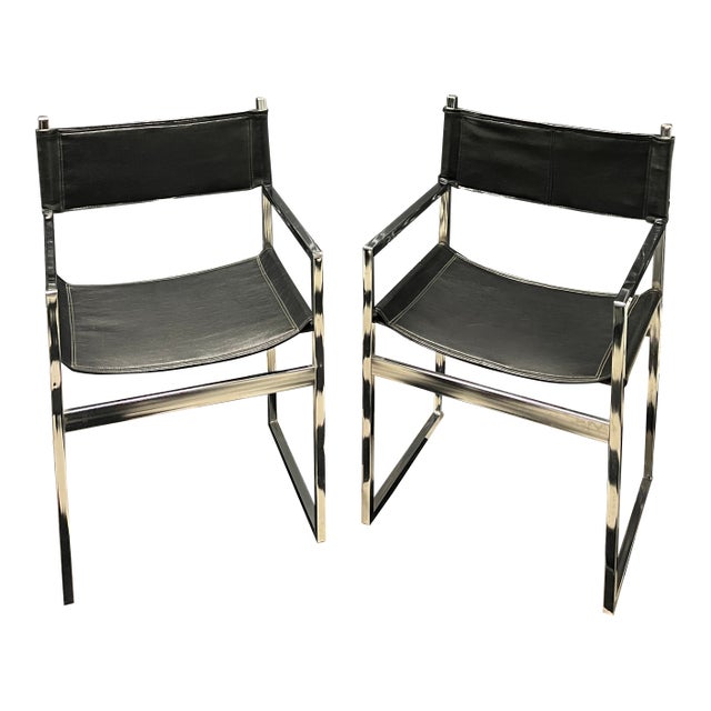 Vintage 1970s Chrome & Black Leather Directors Chairs — Set of 2 For Sale
