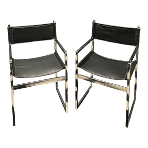 Vintage 1970s Chrome & Black Leather Directors Chairs — Set of 2