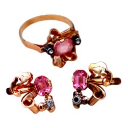 Gold Earrings and Ring with Synthetic Stones, Set of 3 For Sale