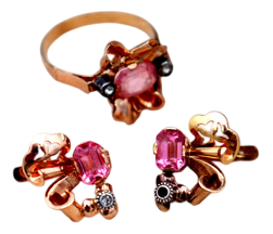 Gold Earrings and Ring with Synthetic Stones, Set of 3