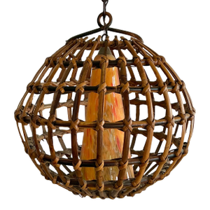 Vintage Boho Cage Rattan and Blown Glass Cone Chandelier
