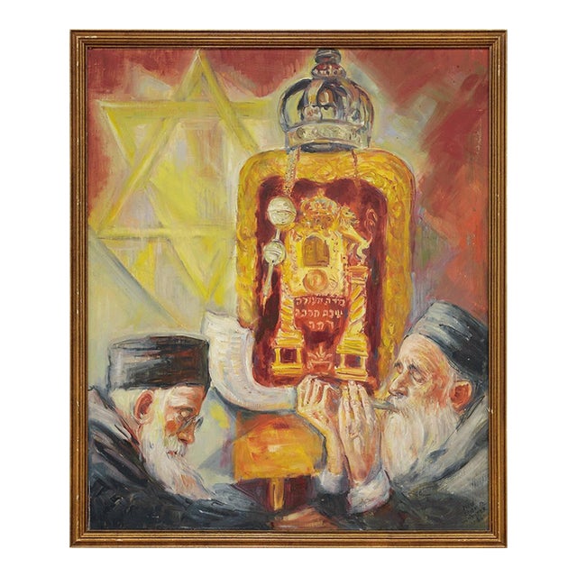 Freda Leibovitz Reiter, High Holidays Shofar Judaica Oil Painting For Sale