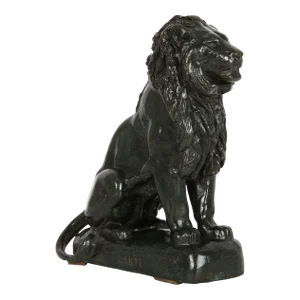 Rare French Antique Bronze Sculpture of “Seated Lion No. 4” After Antoine-Louis Barye