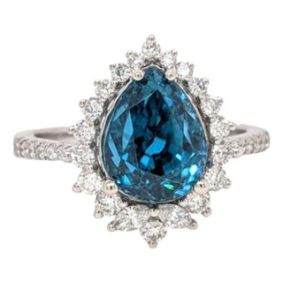 5ct Blue Zircon Ring With Diamond Accents: Solid 14k Gold, Pear Cut 10x8mm, Size 6.75 For Sale