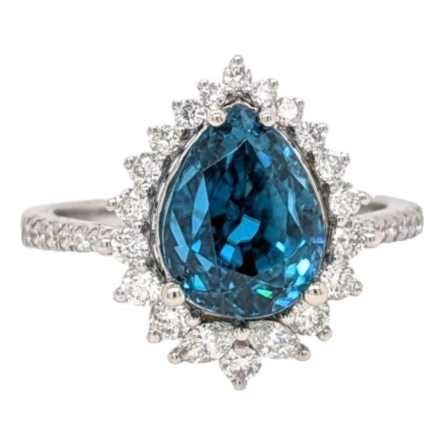 5ct Blue Zircon Ring With Diamond Accents: Solid 14k Gold, Pear Cut 10x8mm, Size 6.75 For Sale