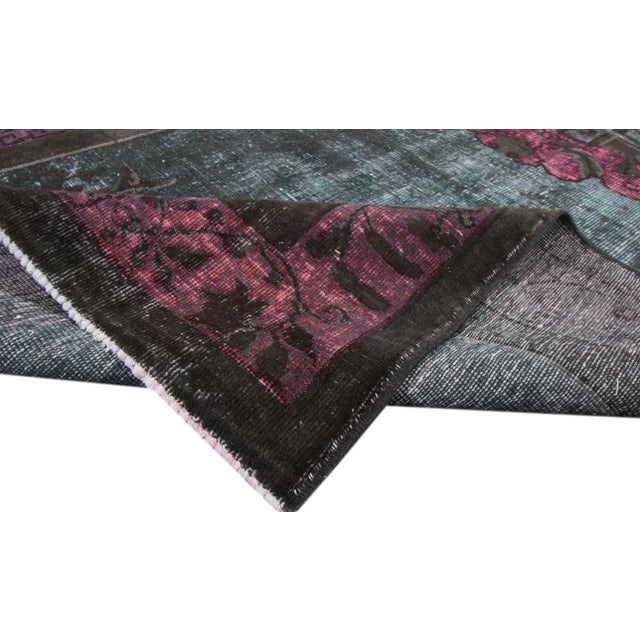 Beautiful vintage Turkish Revival Overdyed hand-knotted wool runner with a teal field. This tug has purple and brown...