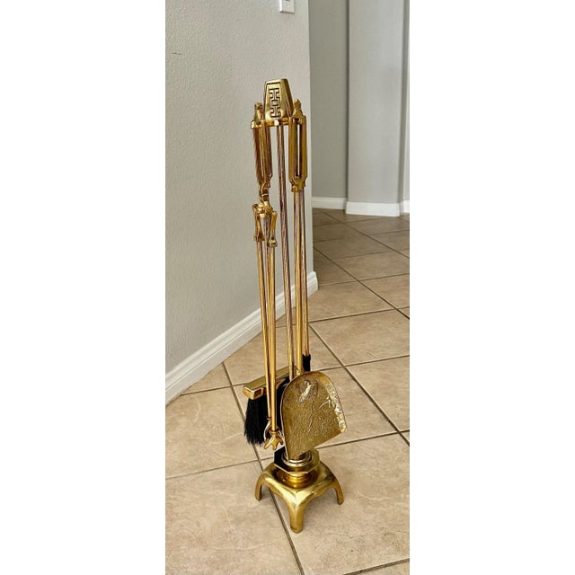 Mid-Century Modern James Mont Asian Brass Fireplace Tool Set For Sale - Image 3 of 12