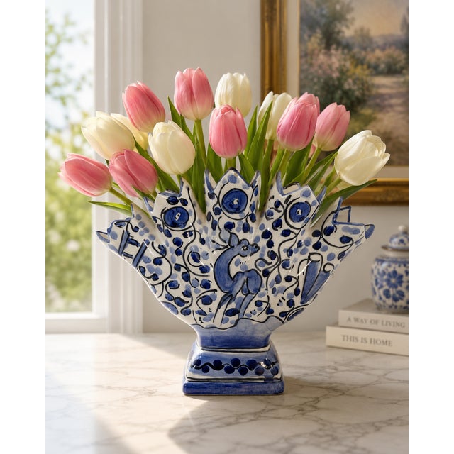 Mid 20th Century Blue and White Majolica Tulip Vase, Tulipiere For Sale - Image 13 of 13