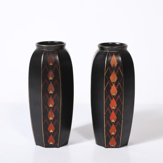 Pair of Art Deco Ceramic Vases W/ Geometric Motifs Signed Faincerie St Ghislain For Sale - Image 9 of 14