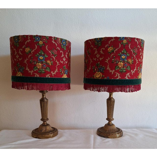 German Table Lamps with Ornate Brass Base and Red Patterned Fabric Shade from Lamplove, 1890s, Set of 2 For Sale - Image 9 of 9