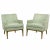 Clean lined pair of Classic club chairs in the manner of Jens Risom. Aquamarine and lavender Ikat patterned silk blend...
