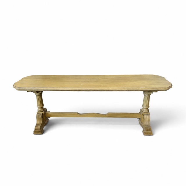 French Country Vintage Butter Yellow Painted Trestle Sofa Table With Scalloped Top For Sale - Image 3 of 18