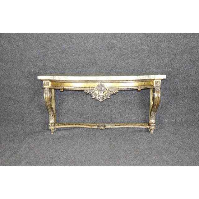 French Gorgeous Gold Leaf Wall Mounted Faux Marble French Louis XVI Console Table For Sale - Image 3 of 12