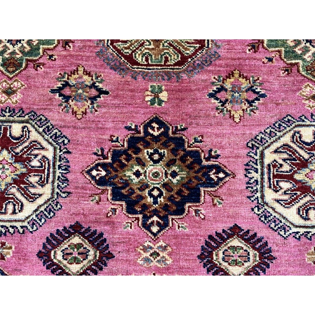 Pink Kazak Tribal Rug With Green Border, 4'11" X 6'8" For Sale - Image 11 of 13
