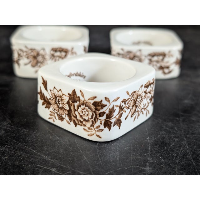 Victorian Mid 20th Century Royal Staffordshire Tonquin Brown Ceramic Napkin Rings - Set of Three For Sale - Image 3 of 4