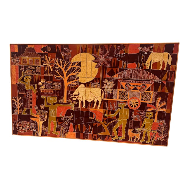 Large Vintage Tribal Folk Art Batik Fabric Painting Art With Mid Century Modern Influence, Signed and Dated For Sale