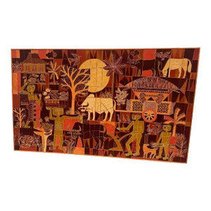 Large Vintage Tribal Folk Art Batik Fabric Painting Art With Mid Century Modern Influence, Signed and Dated