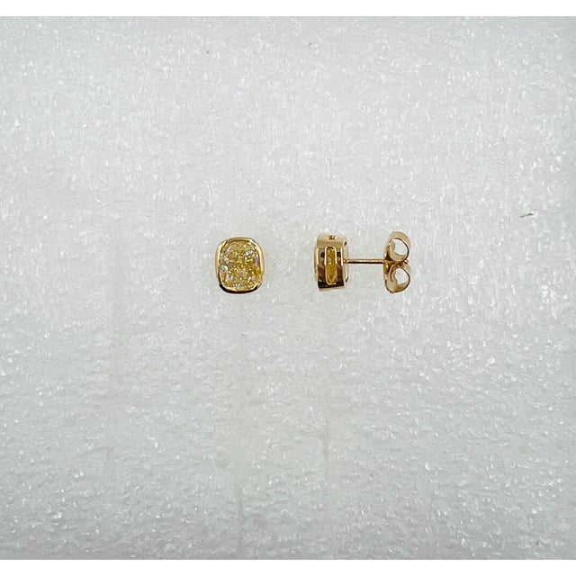 Gia 2 Carats Each Yellow Cushion Diamond Bezel Stud Earrings in 18k Yellow Gold, A Pair For Sale - Image 4 of 6