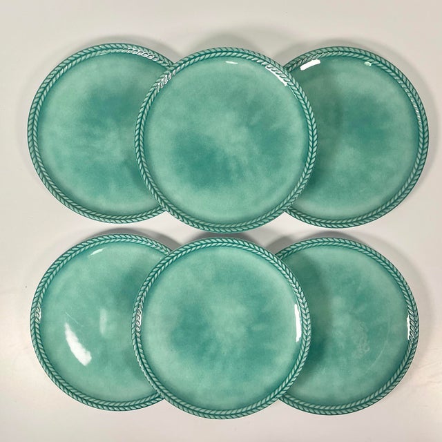 Plastic Vintage Italian Boho Chic Faux Ceramic Turquoise Melamine Dinner Plates - Set of 6 For Sale - Image 7 of 8
