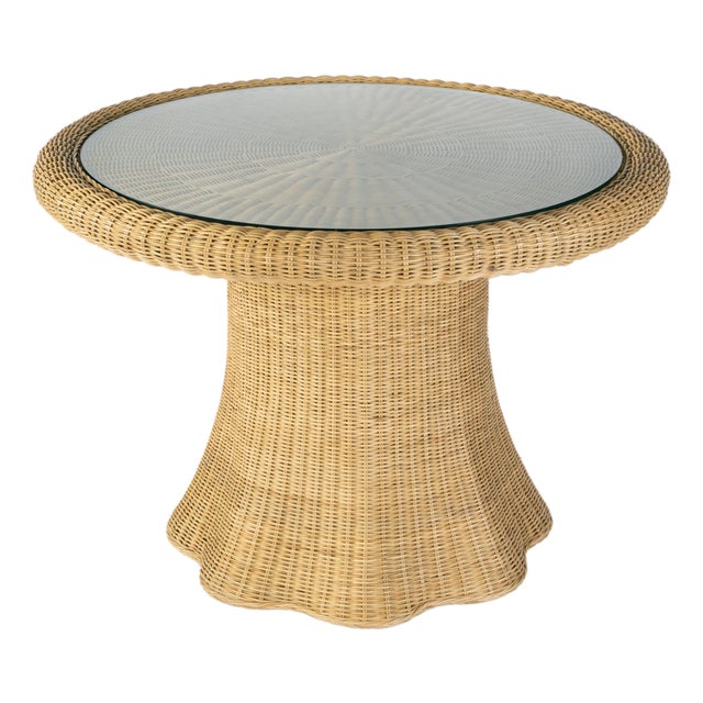 Flora 42 in. W Round Rattan Dining Table with Glass Top, Natural Rattan For Sale