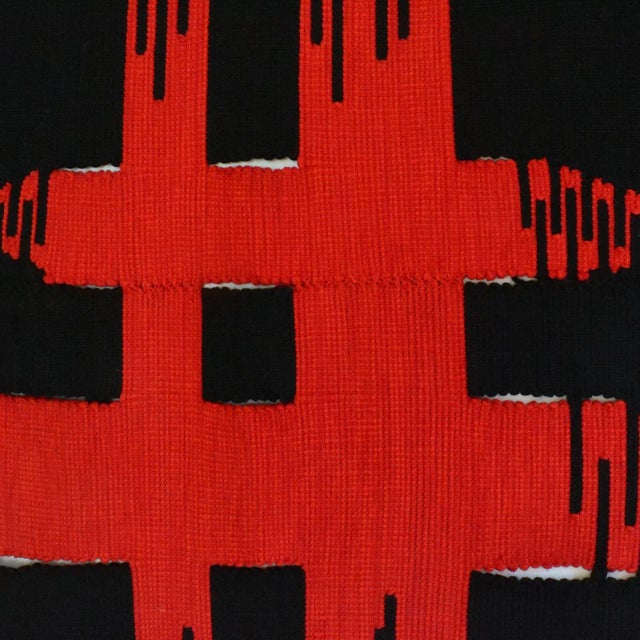 Modern abstract art tapestry by Dutch artist Liesbeth Wiersma in red and black 1969 has been traditionally woven in wool...