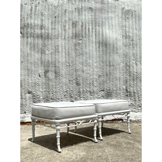 Vintage Coastal Brown Jordan “Calcutta” Aluminum Ottomans - A Pair For Sale In West Palm - Image 6 of 11