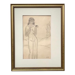 Vintage Original Art Deco Era Drawing of a Woman in Landscape Signed Bette For Sale