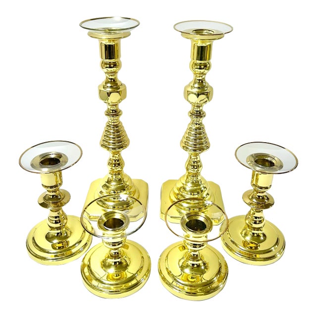 Baldwin Brass Candlesticks With Glass Bobeches – Set of 6 Vintage Brass Candle Holders For Sale