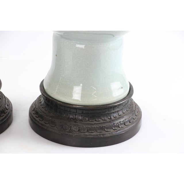 Early 20th Century Chinese Celadon Gu Shaped Porcelain Vases with Metal Covers and Base - A Pair For Sale - Image 4 of 18