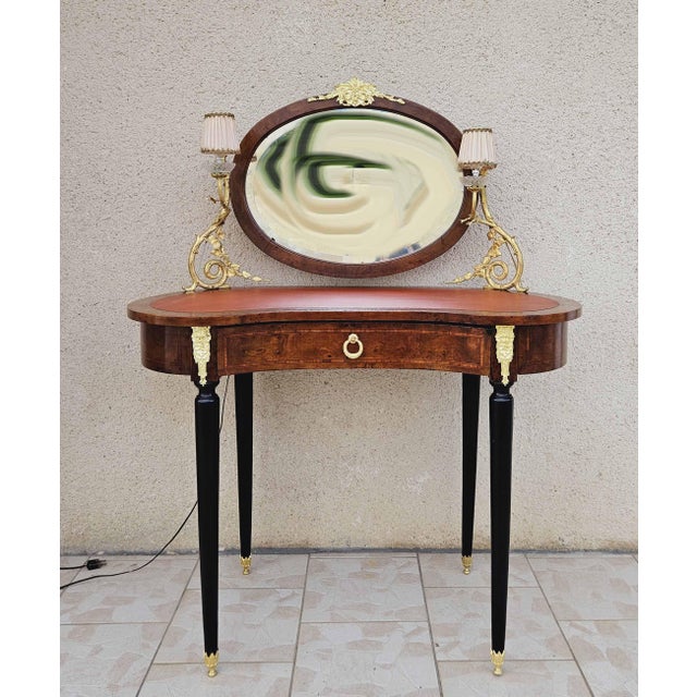 Dressing Table with 2 Arms of Lights Marquetry and Gilt Bronze, 1890s For Sale - Image 3 of 16