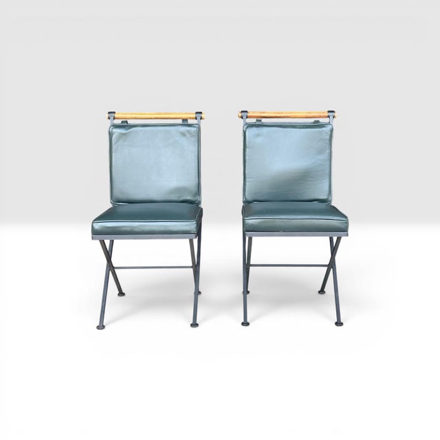Wood Sculptural Iron X-Frame Dining Chairs in Dark Green Leather – Set of 4 For Sale - Image 7 of 15
