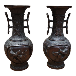 Late 19th Century Japanese Meiji Period Cast Bronze Vases - A Pair
