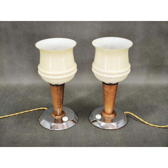 Italian Opaline Glass, Wood and Chrome Table Lamps, 1950s, Set of 2 For Sale - Image 10 of 11