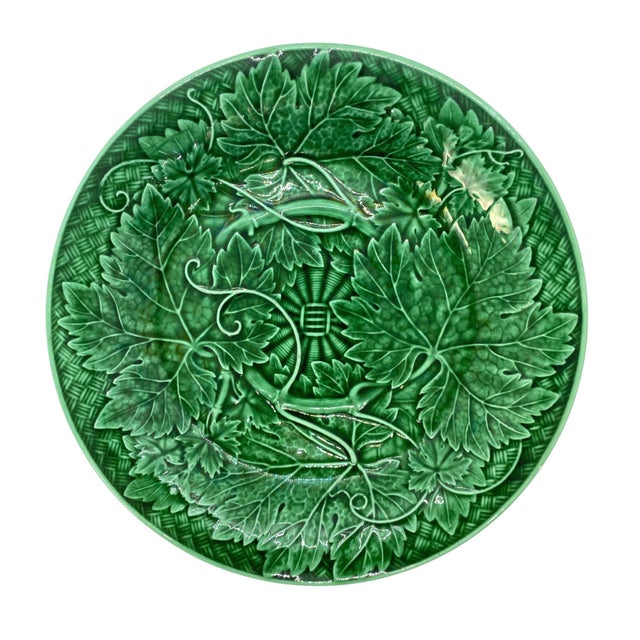 Wedgwood Wedgwood Majolica Green Glazed Basket Weave Plate, English, Dated 1885 For Sale - Image 4 of 4