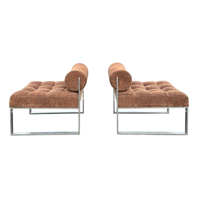 Pair of Harvey Probber Mid-Century Modern Tufted Slipper Lounge Chairs in Paisley Upholstery and Polished Chrome, Circa 1965 For Sale